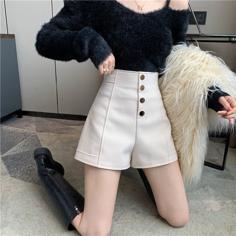 ショートパンツ ハイウエスト ゴールドボタン センタープレス ショーパン レトロ 韓国ファッション レディース 大人可愛い ガーリー DTC-660050274344