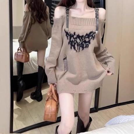 ニット ダメージ加工 オフショルダー プルオーバー ダメージニット オフショル トップス ルーズ 長袖 レトロ 大人可愛い ガーリー カジュアル DTCA-857788372053