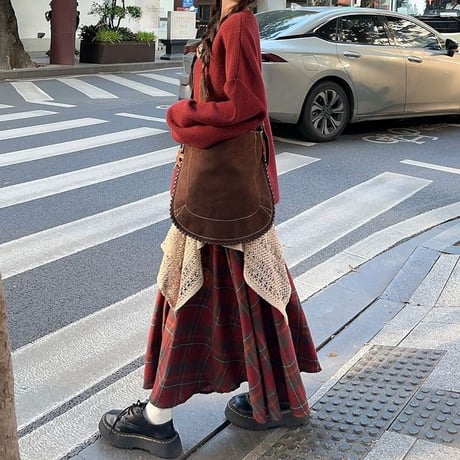 セットアップ カーディガン クマちゃん ロングスカート 不規則 チェックスカート ルーズ 長袖 レトロ 韓国ファッション レディース 大人可愛い ガーリー DTC-838778934919