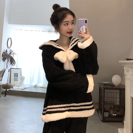 ルームウェア パジャマ セットアップ リボン フリース プラスベルベット トップス + パンツ 長袖 上下セット 韓国ファッション レディース もこもこ ガーリー 634598637665