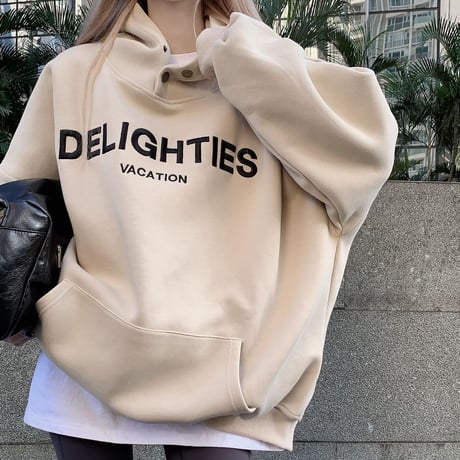 パーカー プルオーバー プラスベルベット ネックボタン オーバーサイズ 刺繍 厚手 トップス ルーズ 韓国ファッション レディース 大人可愛い ガーリー カジュアル DTC-689128027163