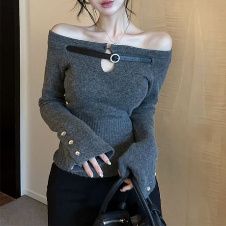 ベルトデザイン ニット カットアウト 胸あき オフショルダー オフショル スリムフィット タイト スリムニット トップス 長袖 レトロ 大人可愛い ガーリー DTCA-870321341966