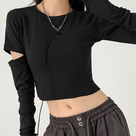 カットアウト Tシャツ クロップド丈 クルーネック ロンT トップス ショート丈 スリムフィット シンプル 長袖 ルーズ レトロ 大人可愛い ガーリー カジュアル DTCA-740310634830