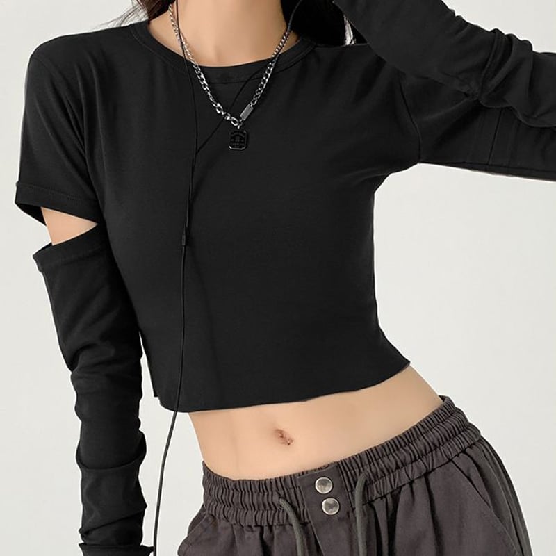 カットアウト Tシャツ クロップド丈 クルーネック ロンT トップス