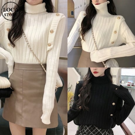 タートルネック リブニット プルオーバー 長袖 ニット レトロ 韓国ファッション レディース 大人可愛い ガーリー カジュアル DTC-656658948625