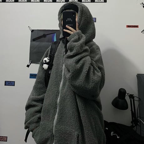 ユニセックス フード付き ボアジャケット ボアパーカー ジップアップ オーバーサイズ 韓国ファッション メンズ レディース カジュアル ストリートファッション DTC-631047350788