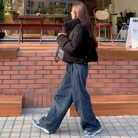 ブラック リバーシブル ブルゾン フェイクラムウール ショート丈 2way ボアブルゾン 防寒 長袖 レトロ 韓国ファッション レディース 大人可愛い ガーリー DTC-752712482016BK