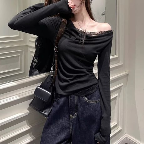 レース付き Tシャツ ワンショルダー スリムフィット ロンT トップス カットソー 長袖 レトロ 大人可愛い ガーリー DTCA-849082361382