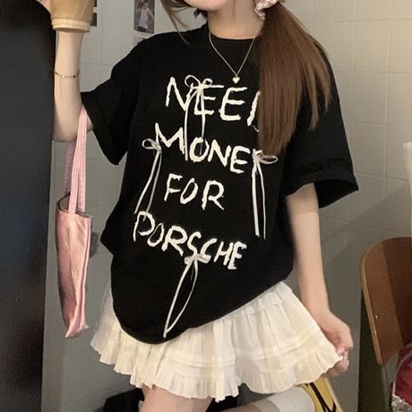 Tシャツ リボン 英字 オーバーサイズ トップス 半袖 スカート ティアードミニスカート フリル レトロ 韓国ファッション レディース 大人可愛い ガーリー DTC-789326173684