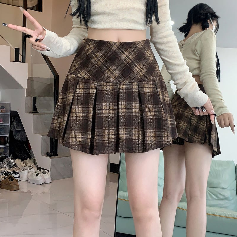 チェック柄 プリーツ ミニスカート ウール調 プリーツスカート ハイ