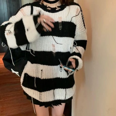 ダメージ加工 ざっくりボーダーニット ビター系 ドロップショルダー オーバーサイズ 韓国ファッション レディース モード系 ストリート系 DTC-653858722619