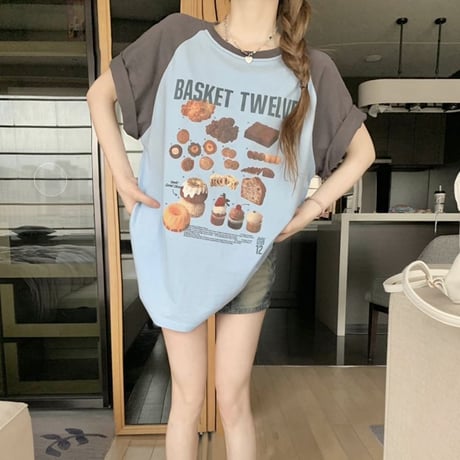 Tシャツ 半袖 グラフィックプリント バイカラー トップス 半袖Tシャツ クルーネック オーバーサイズ ルーズ ゆったり カジュアル 韓国ファッション レディース DTC-714620878650