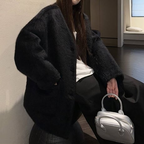 ノーカラー ショートコート フェイクウール ウールジャケット ウールコート アウター 起毛 ルーズ 長袖 レトロ 韓国ファッション レディース 大人可愛い DTC-748533273494