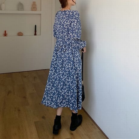 小花柄 ワンピース パフスリーブ ロング丈 ハイウエスト 長袖 クルーネック 薄手 韓国ファッション レディース 大人可愛い ガーリー フェミニン レトロDTC-655695330315
