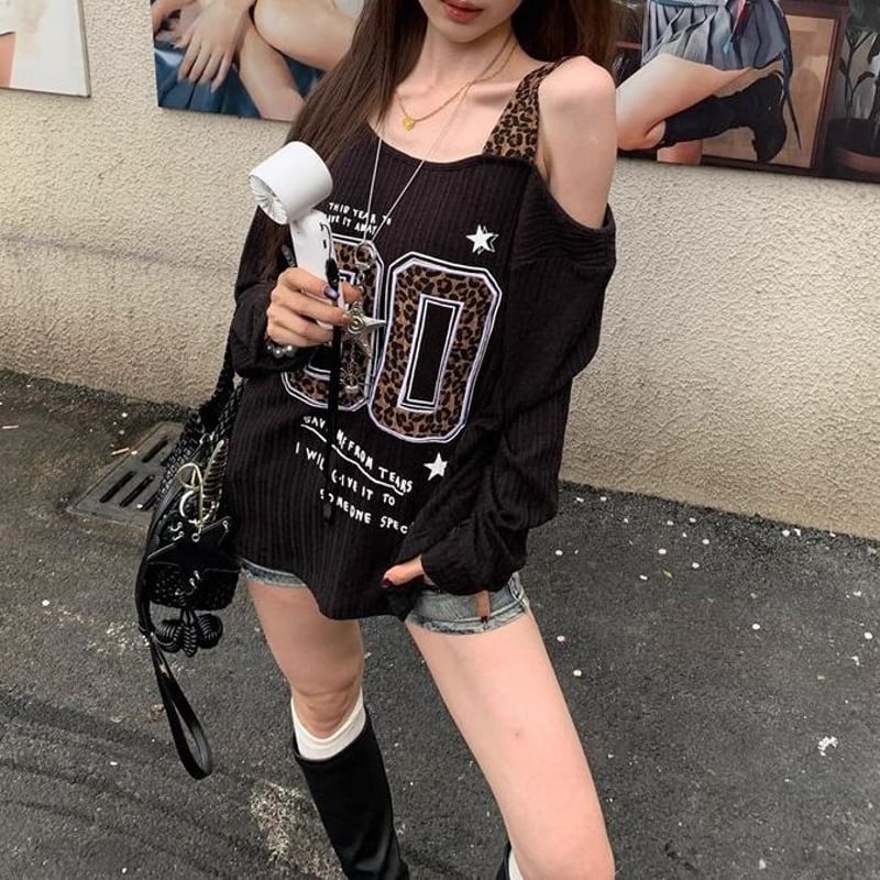 レイヤード風 ロンT レオパード ナンバーロゴ ヒョウ柄 オフショルダー