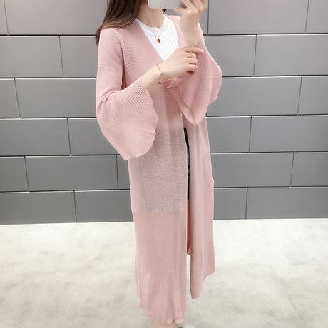 レディース フレア袖カーディガン ロング丈 七分袖 薄手 マキシ丈 シフォン UVカット ドルマンスリーブ 韓国ファッション (DCT-589248344715)
