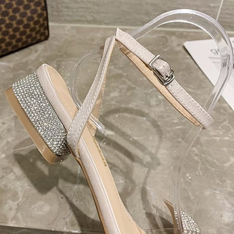 サンダル ラインストーン リボン チャンキーヒール 4cm 韓国ファッション レディース アンクルストラップ スパンコール キュート 痛くない かわいい 靴 歩きやすい 617128096412