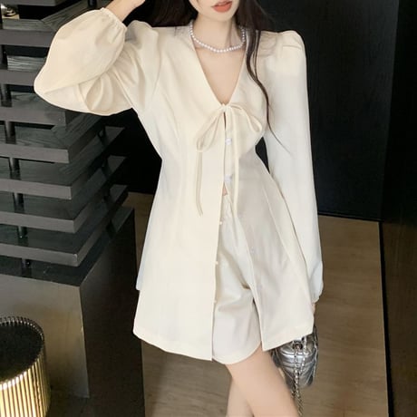 セットアップ 上下セット 変形ロングシャツ ショートパンツ リボンタイ 長袖 ハイウエスト レトロ 韓国ファッション レディース 大人可愛い ガーリー DTC-710081649670