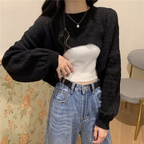 2点セット クロップド丈 ニット キャミソール プルオーバー 透かし編み トップス レトロ 韓国ファッション レディース 大人可愛い ガーリー DTC-650282837528