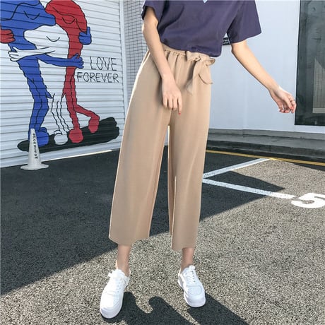 レディース ワイドパンツ ガウチョパンツ ハイウエスト ウエストリボン パンツ ボトムス 韓国ファッション オルチャン (DCT-576943177093)