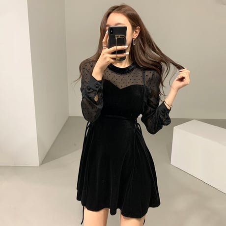 ハート ドット シースルー ワンピース ベルベット 韓国ファッション レディース ラウンドネック ハイウェスト ゆったり 大人可愛い ガーリー DTC-627470204490