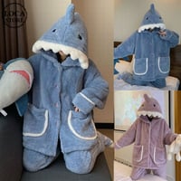 【ルームウェア】 フリース パジャマ セットアップ トップス + パンツ シャーク サメ 長袖 ブルー パープル 上下セット 韓国ファッション レディース ガーリー DTC-628699765024