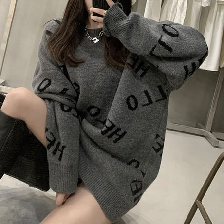ニット セーター クルーネック ミドル丈 厚め ジャカードセーター ルーズ 秋冬 韓国ファッション レディース トップス ゆったり レトロ 大人可愛い ガーリー DTC-655589376442