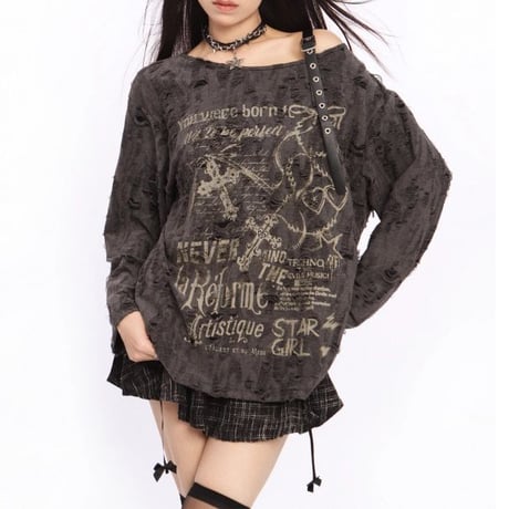ワンショルダー ダメージ加工 トップス ストラップ tシャツ グラフィックプリント オーバーサイズ ロンt 長袖 韓国ファッション レディース 大人可愛い ガーリー DTCA-822110064294