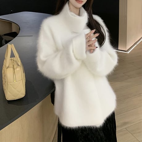 ファーニット フェイクミンクファー ハイネック ニットカーディガン ニットセーター 長袖 ルーズ レトロ 韓国ファッション レディース 大人可愛い ガーリー DTC-759611799819
