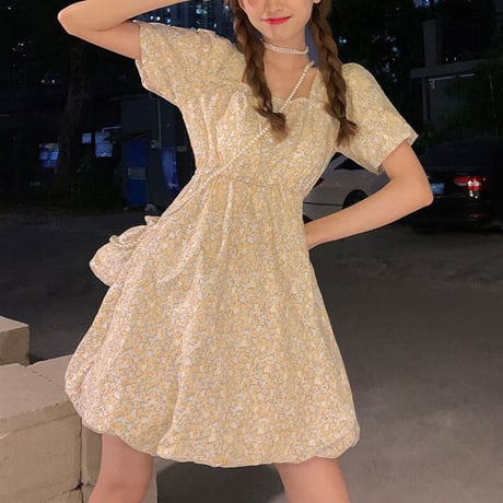 花柄 ワンピース スクエアネック ハイウエスト パフ袖 薄手 半袖 大人可愛い ガーリー フェミニン DTC-642548167490