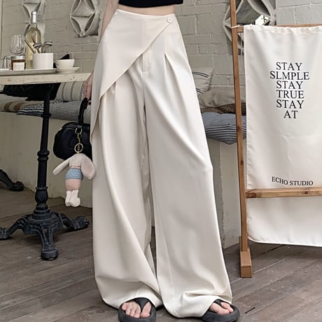 アシンメトリー モップパンツ ワイドパンツ タック ドレープ ハイウエスト ルーズ レトロ 韓国ファッション レディース 大人可愛い ガーリー DTC-778588912089