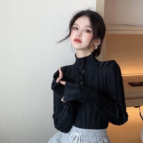 ニットセーター リブニット ハーフボタン ボタン ハーフハイネック スリムニット 長袖 レトロ 韓国ファッション レディース 大人可愛い ガーリー DTC-656815973964
