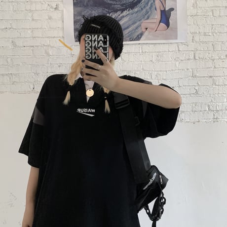 ユニセックス バイカラー ポロシャツ 半袖 オーバーサイズ 韓国ファッション メンズ レディース トップス ルーズ カジュアル ストリートファッション DTC-643113682356