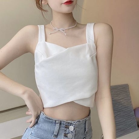 前後2way タンクトップ キャミソール トップス チャック ジップアップ クロップド丈 へそ出し レトロ 韓国ファッション レディース 大人可愛い ガーリー DTC-718520459589