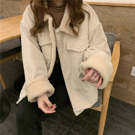 コーデュロイ ボアジャケット ボアブルゾン フェイクラムウール アウター 厚手 ルーズ 暖かい 韓国ファッション レディース 大人可愛い ガーリー カジュアル DTC-657546006914