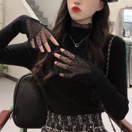 ニットセーター リブニット スリムフィット レース スリムニット 長袖 レトロ 大人可愛い ガーリー カジュアル フェミニン DTC-657732068760
