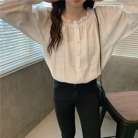2way ブラウス シャーリングネック 長袖 韓国ファッション レディース 大人可愛い ガーリー レトロ DTC-627969886702