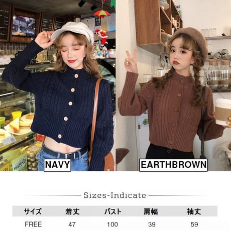 ショート丈 カーディガン ケーブル編み 韓国ファッション レディース 袖ボリューム 厚手 暖かい ハイネック ボタン ガーリー (DTC-585485431784)