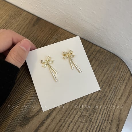 ピアス 両耳用 リボン ドロップピアス CZ アクセサリー 合金 シルバー925 ジュエリー DTC-636637950656