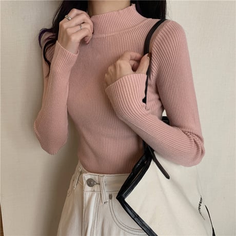【2枚セット】 全9カラー組み合わせ自由 ニット スリムフィット ハーフハイネック スリムニット リブニット 長袖 レトロ 大人可愛い ガーリー DTC-661710290179