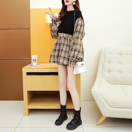 ドッキングトップス ケーブル編み ニット ＋ チェック チュニック ブラウス 韓国ファッション レディース フェイクレイヤード 大人カジュアル ガーリー DTC-625594971753
