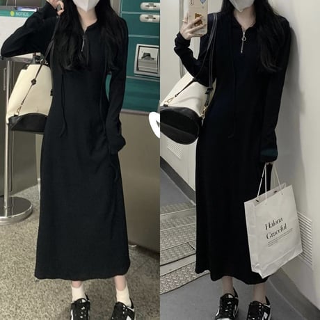 フード付き ニットワンピース ハーフジップ スリム ロングワンピース ニット ハイウエスト 長袖 レトロ 韓国ファッション レディース 大人可愛い ガーリー DTC-737695949703