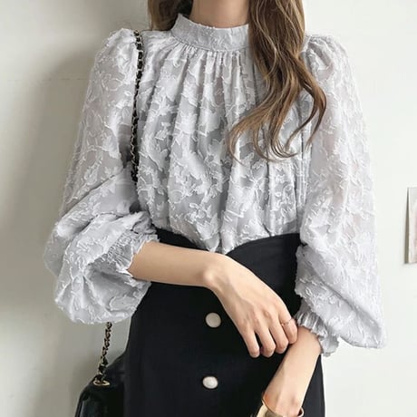 5カラー 花柄 ブラウス バルーンスリーブ トップス ハーフハイネック レース 薄手 ルーズ 長袖 レトロ 韓国ファッション レディース 大人可愛い ガーリー DTCA-773709983840