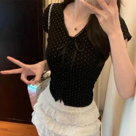 tシャツ ドット柄 リボン レース Vネック ショート丈 トップス スリムフィット ピチT タイトフィット 半袖 レトロ 大人可愛い ガーリー DTCA-897167822699