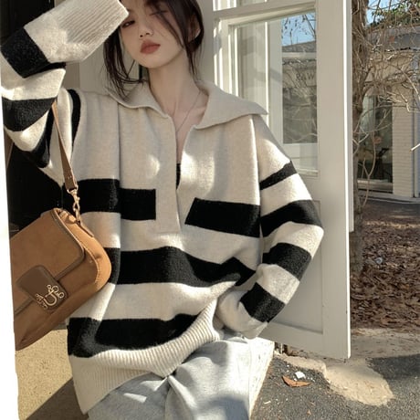 ボーダー柄 ニット セーター ポロ襟 トップス ルーズ 長袖 レトロ 韓国ファッション レディース 大人可愛い ガーリー カジュアル DTC-687862578467
