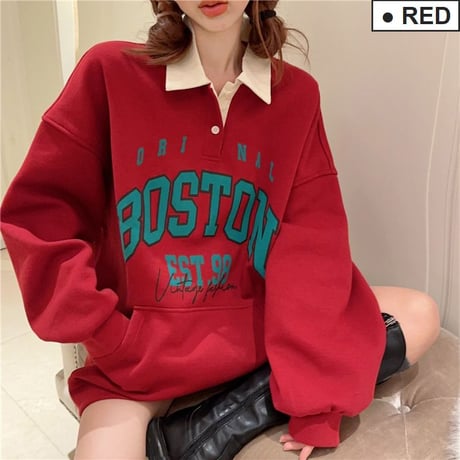 ポロカラー トップス 大きめロゴ BOSTONプリント 配色 プルオーバー オーバーサイズ ゆったり ルーズ 長袖 レトロ 大人可愛い ガーリー カジュアル DTCA-871393991749
