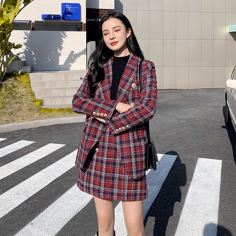 セットアップ チェック柄 ジャケット ウールジャケッ ＋ スカート 韓国