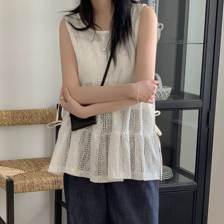 ノースリーブ ブラウス トップス パンチングレース サイトリボン ギャザー 総レース ティアードブラウス ルーズ レトロ 大人可愛い ガーリー DTCA-920023172803