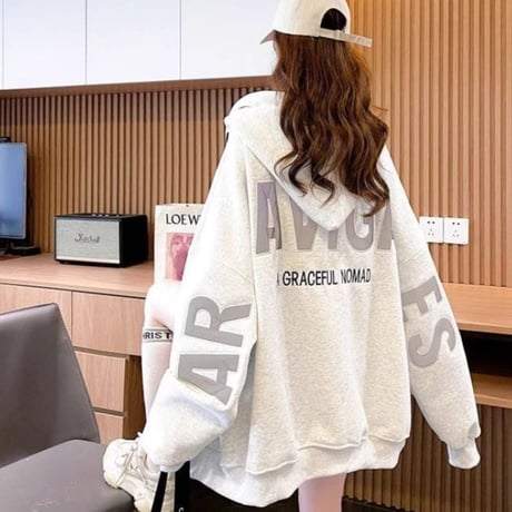 ジップアップ パーカー ロゴ ドロップショルダー フード付き スウェット トップス オーバーサイズ ルーズ 長袖 レトロ 大人可愛い ガーリー カジュアル DTCA-751434205216