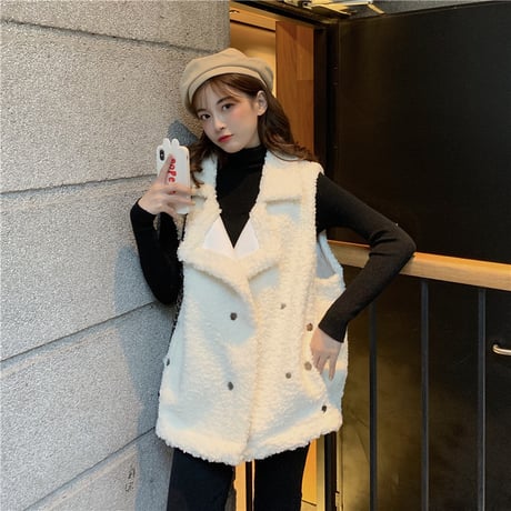 ボアベスト インナー付き セット 韓国ファッション レディース ボア ベスト アウター 羽織り ノースリーブ 体型カバー シンプル 大人カジュアル 韓国 (DTC-603949564868)